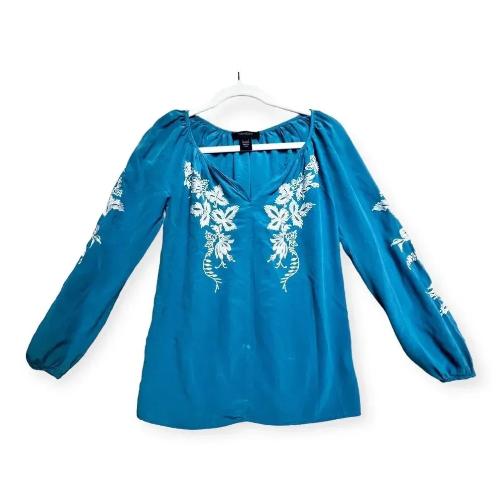 Karen Kane Womens Teal Blue 100% Silk Embroidered Blouse‎ Top Sz S Bohemian